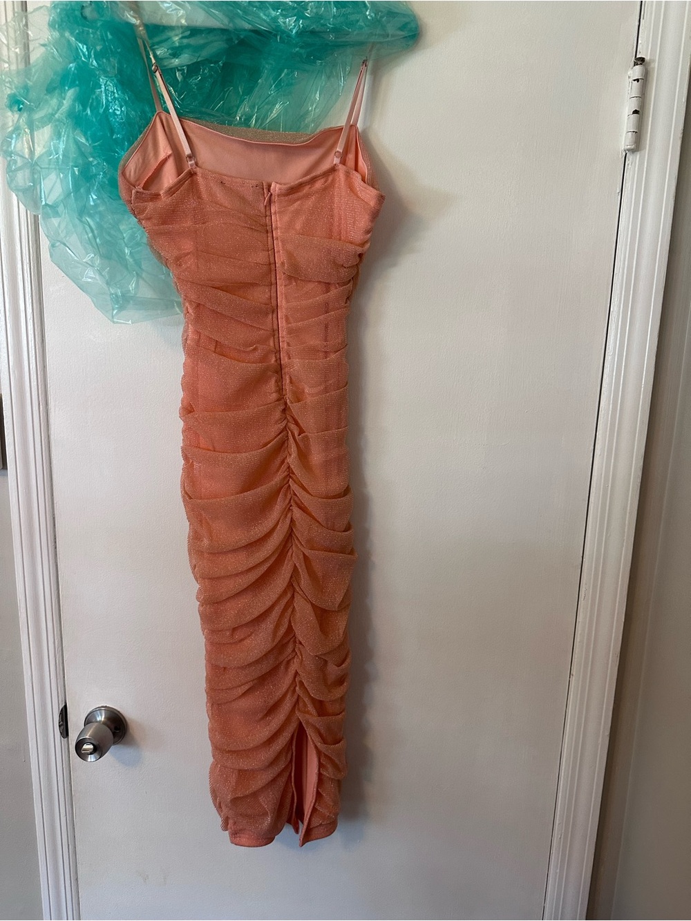 Lulu's Peach Ruched Mesh Midi Slip Dress